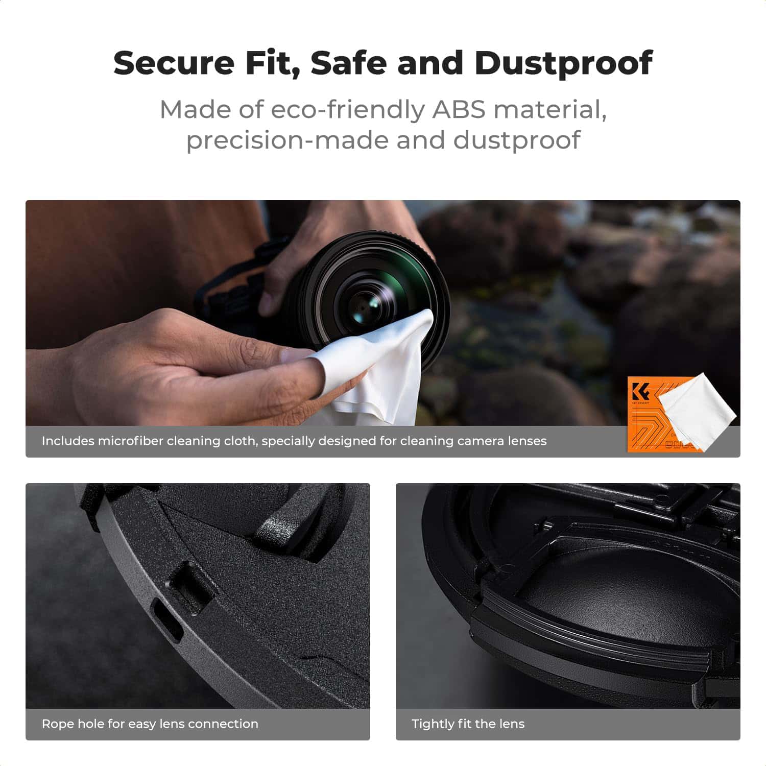 K&F Concept Lens Cap Cover 4-in-1 Center Pinch Lens Cover + Anti-Loss Keeper Leash + Microfiber Cleaning Cloth Kits Filter view 5
